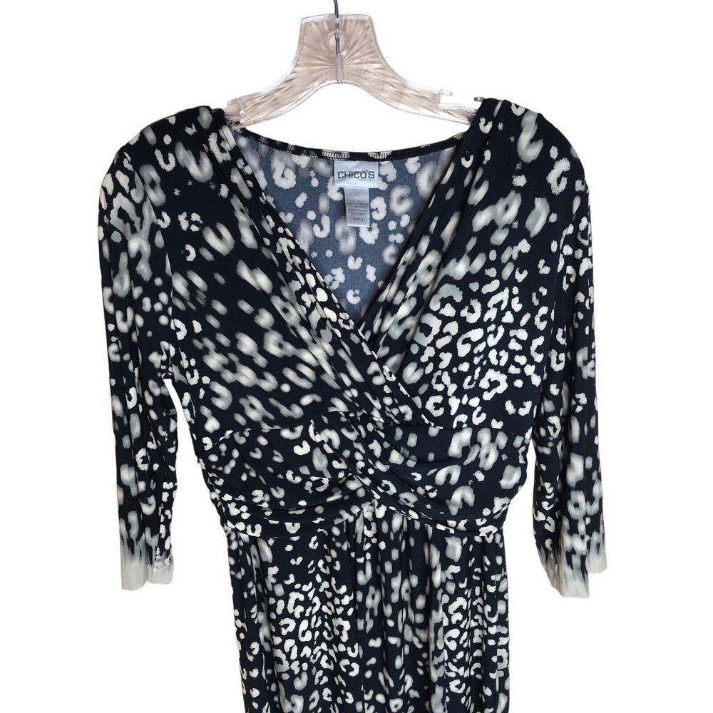Chicos Black & Beige Animal Print Dress 3/4 Sleeve, Faux Wrap Top Chicos Size 1